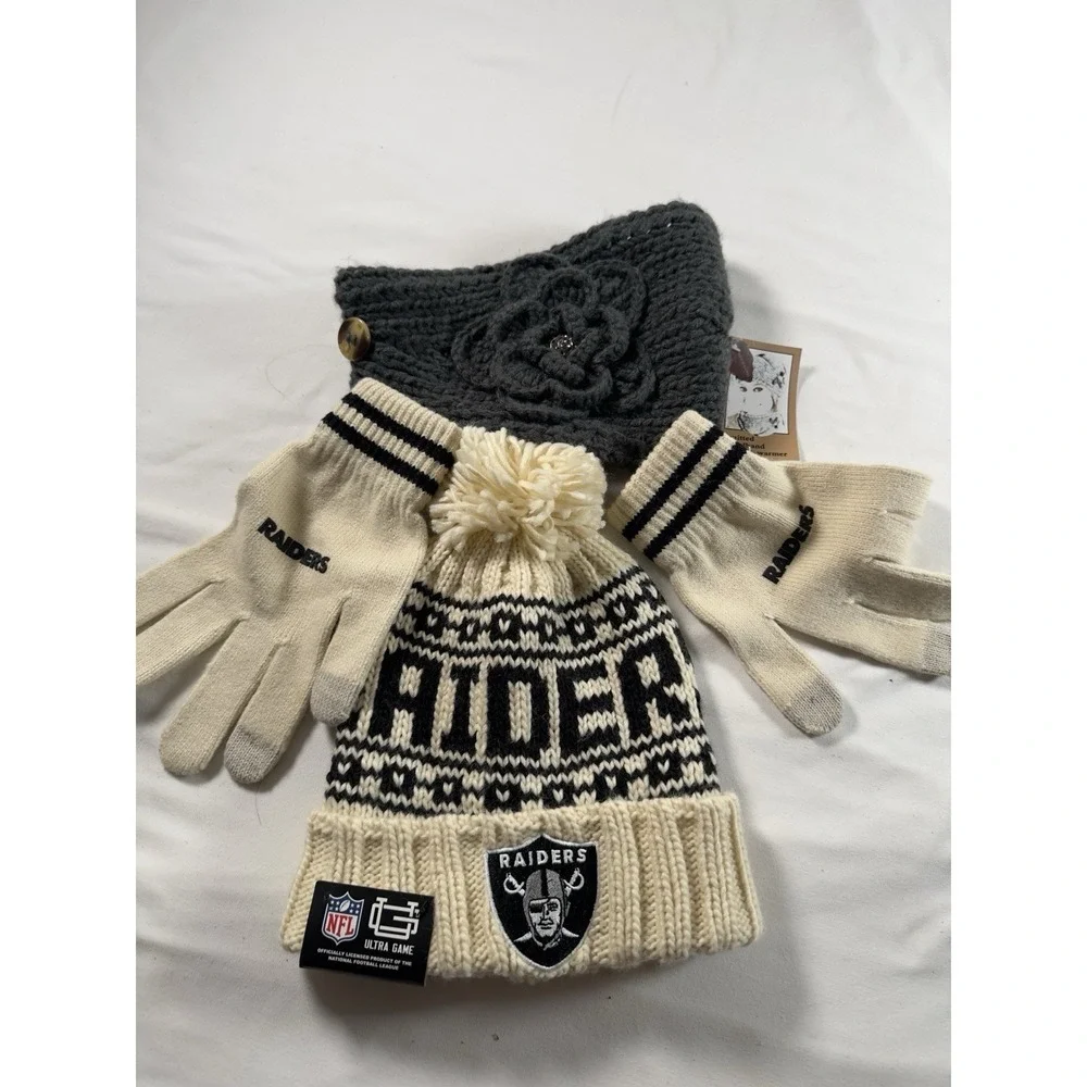 NFL Las Vegas Raiders Hat Gloves Set NWT Plus Knit Headband Neck Warmer
